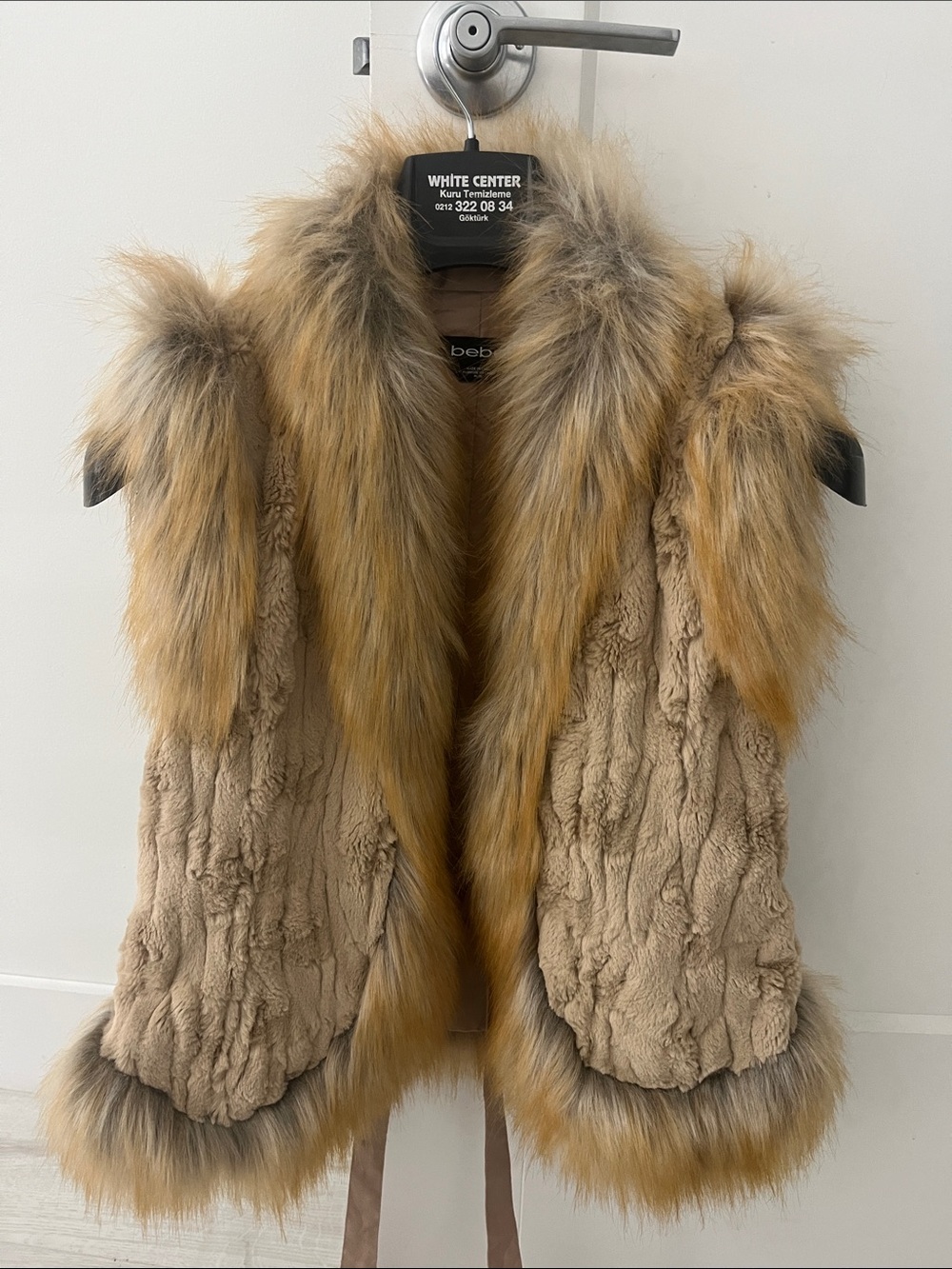 bebe Tan Faux Fur Trimmed Plush Vest